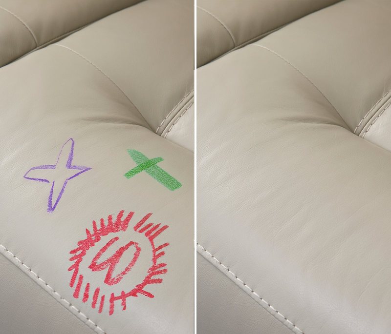 A cream eco-leather seat cushion photographed twice: on the left purple, green and red crayon drawings across it, on the right the same cushion clean.
