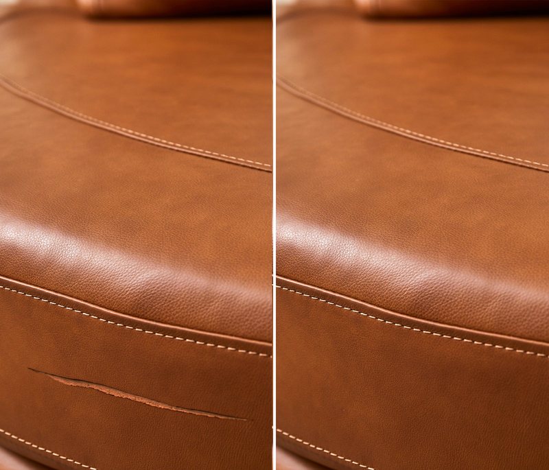 A tan leather sofa base photographed twice: on the left a long clean cut below the stitch line, on the right the same panel with the cut closed.