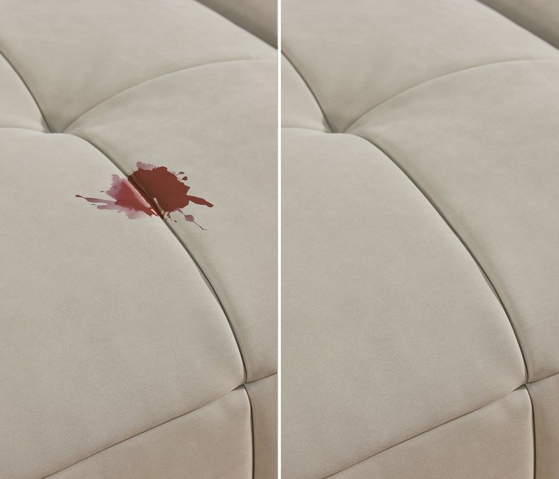 A pale fabric sofa seat photographed twice: on the left a dark red wine splash across the seam, on the right the same seat with no mark left.