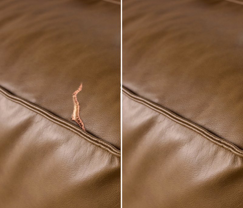 A brown leather cushion photographed twice: on the left a tear opened along the piped seam, on the right the same seam whole.